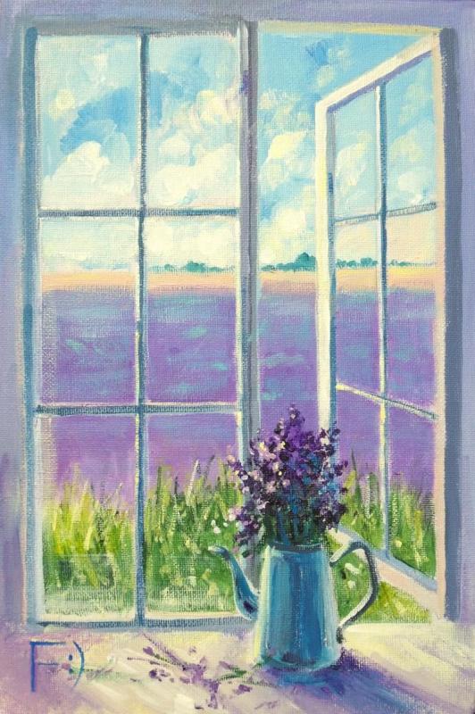 Акварель окно с цветами