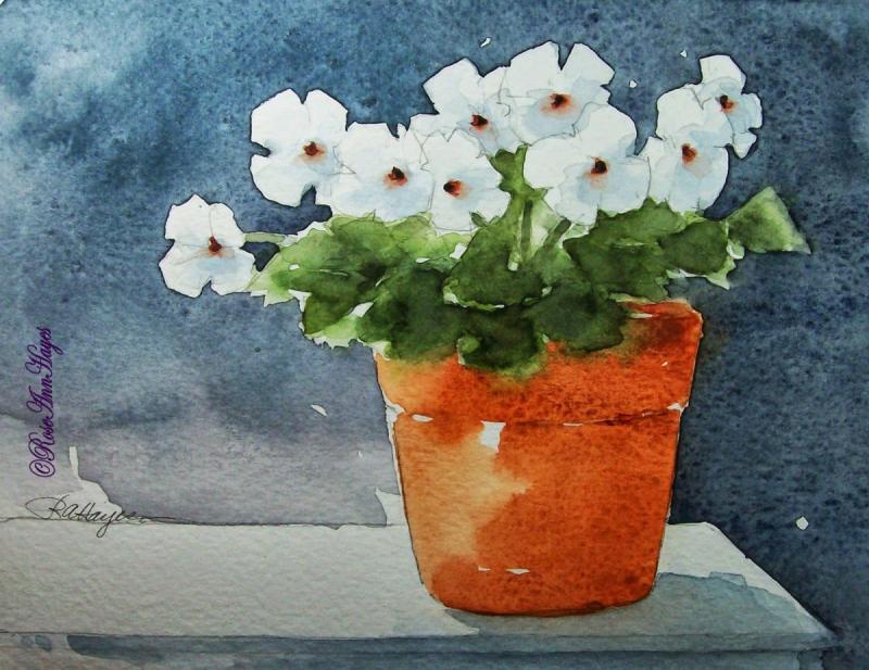 Цветок в горшке акварелью