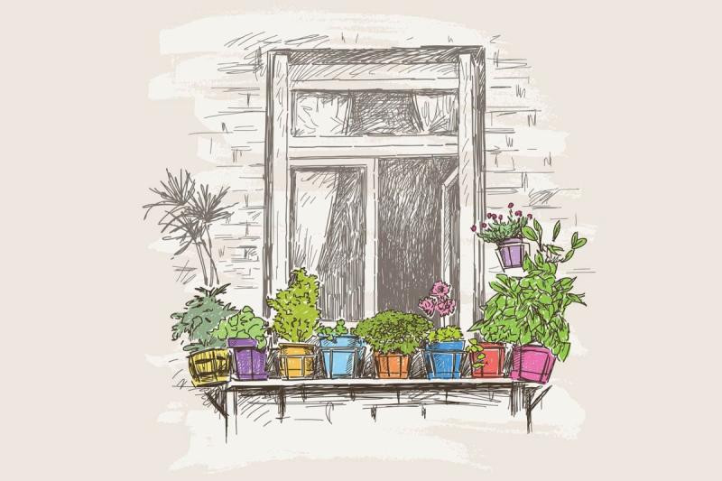Балкон с растениями рисунок