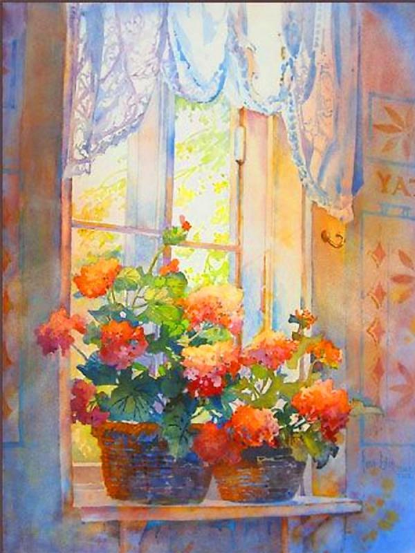 Цветы на подоконнике гуашью