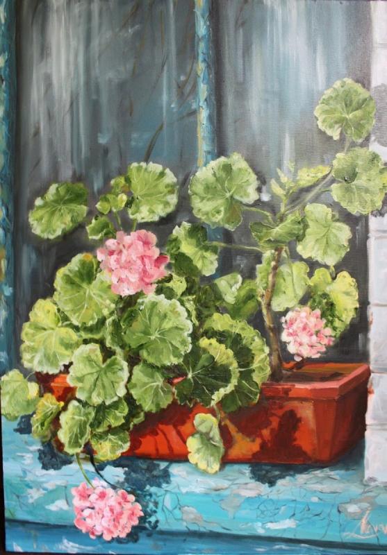 Герань в горшке акварель