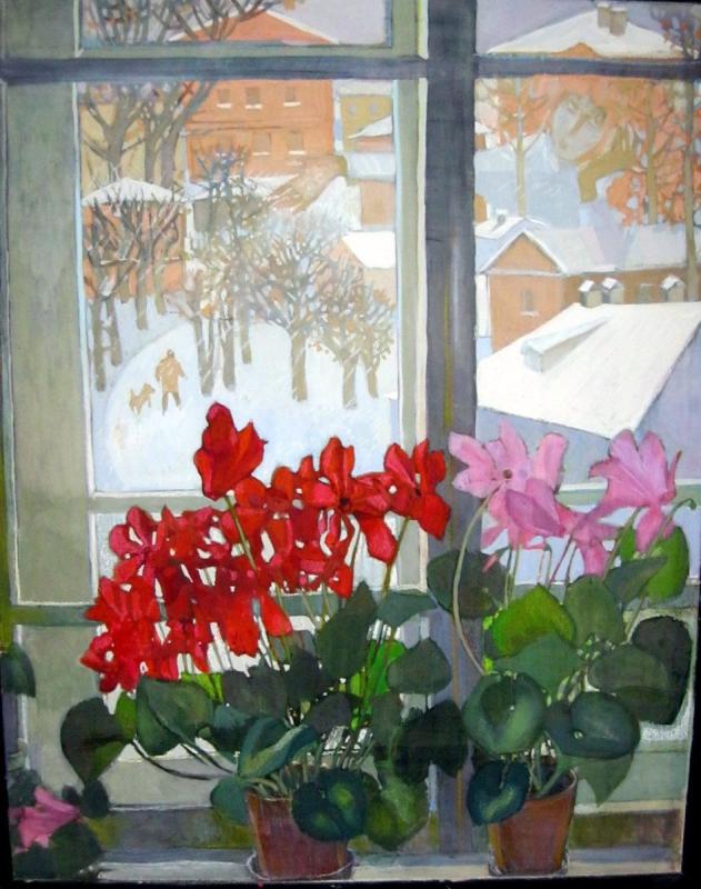 Герань на окне зимой живопись