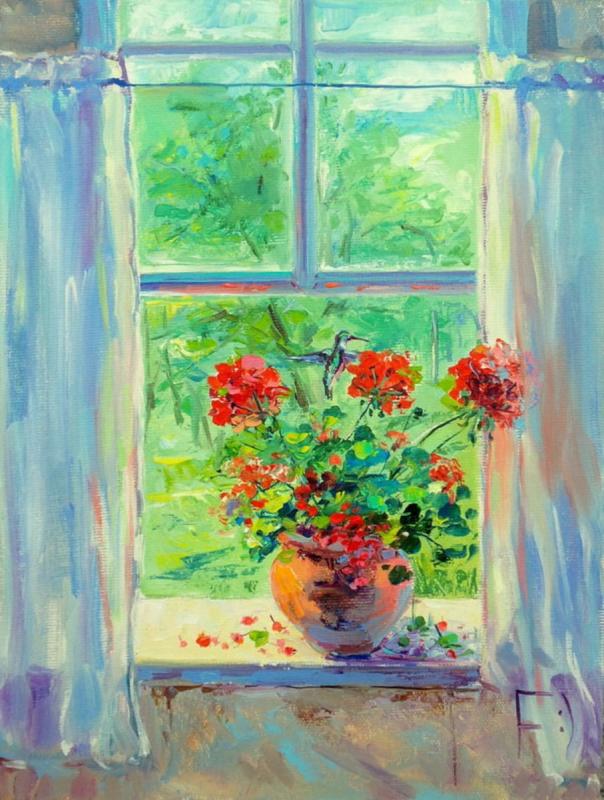 Герань на окне живопись