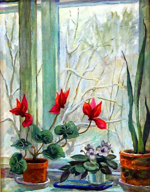 Цветы на зимнем окне живопись