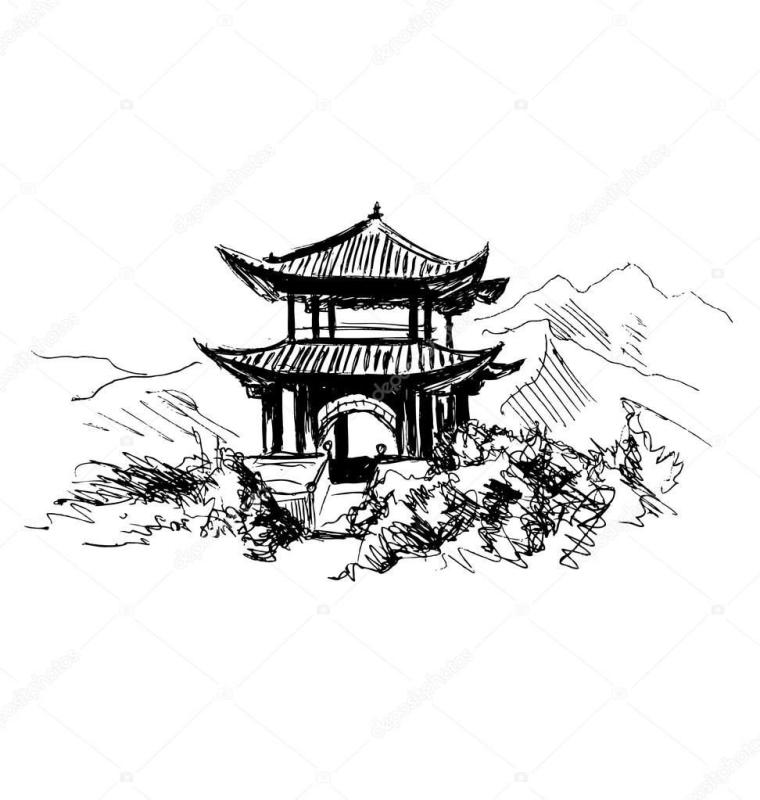 Китайские домики в горах.Графика