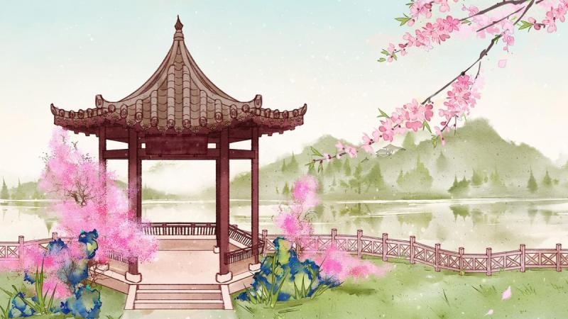 Японский пейзаж с беседкой