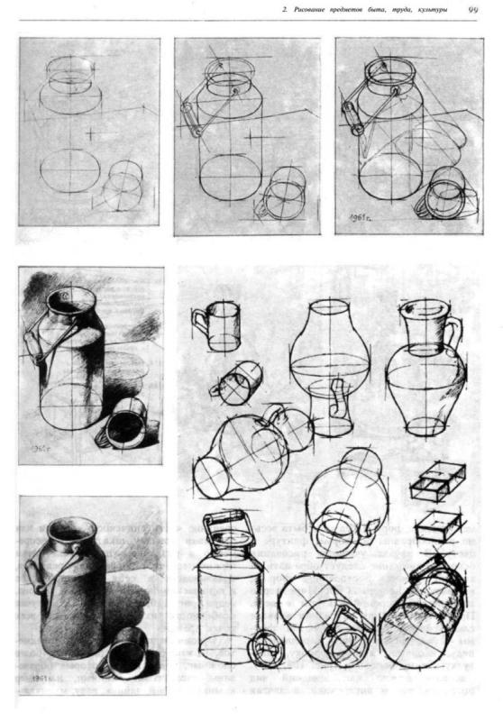 Линейно-конструктивный рисунок натюрморта из предметов быта