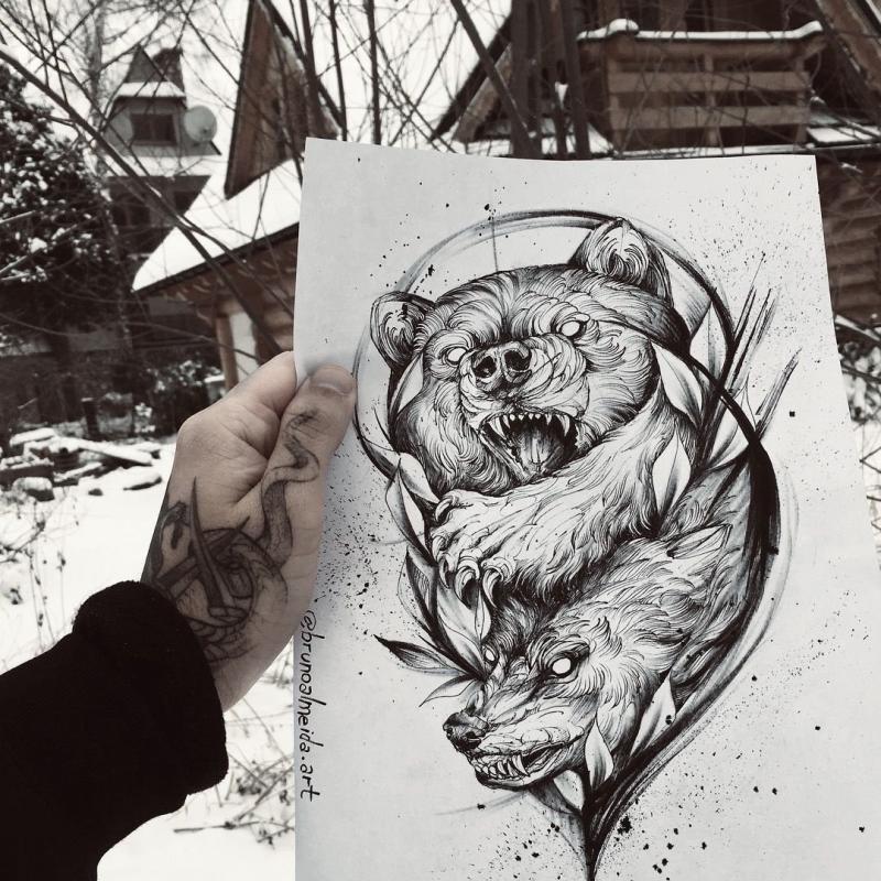 Тату медведь в стиле скетч