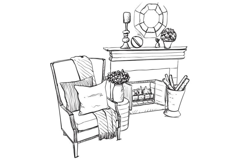 Набросок комнаты с камином