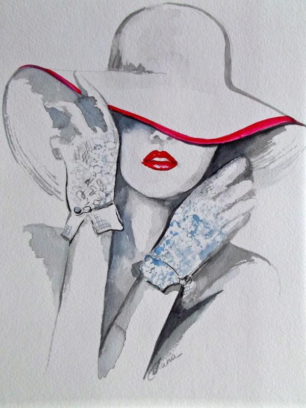 Картина женщина в шляпе с красными губами