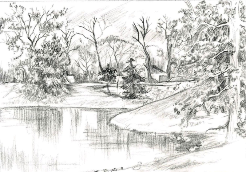 Осенний пейзаж карандашом