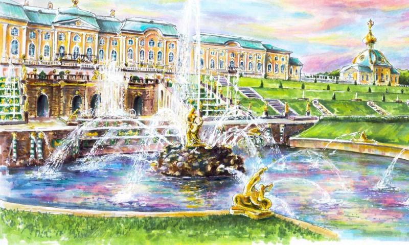 Петергоф фонтаны акварель