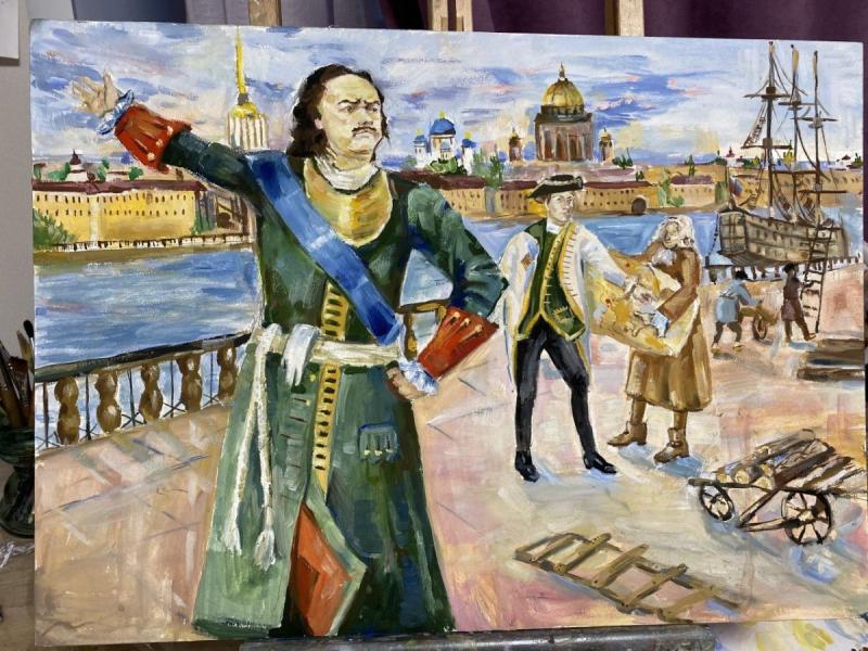 Петр 1 на фоне Петербурга иллюстрация