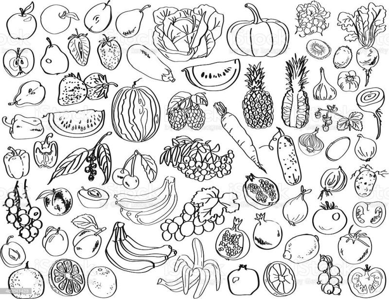 Овощи и фрукты черно белые
