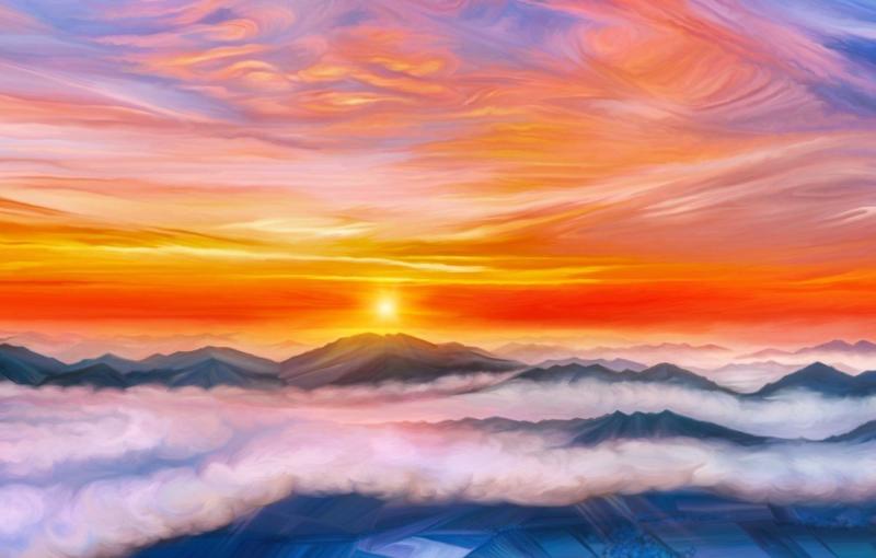 Картина рассвет в горах