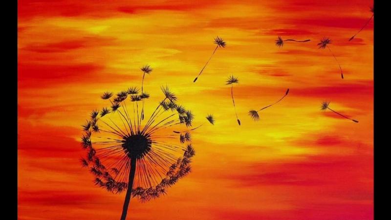 Одуванчики на закате гуашью