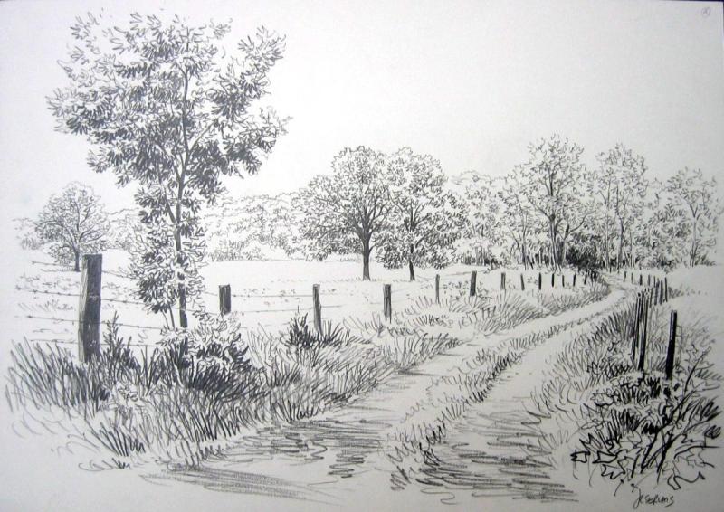 Весенний пейзаж штриховкой