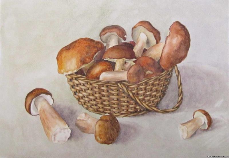 Грибы в лукошке натюрморт