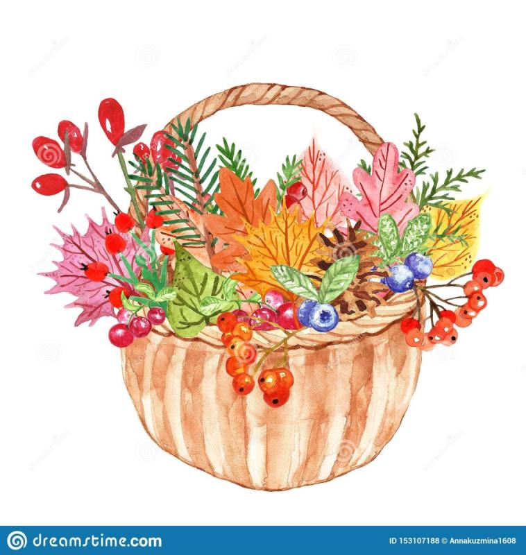 Осенняя корзинка с листьями и ягодами