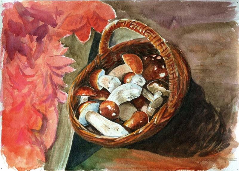 Корзина с грибами орехами рисунок