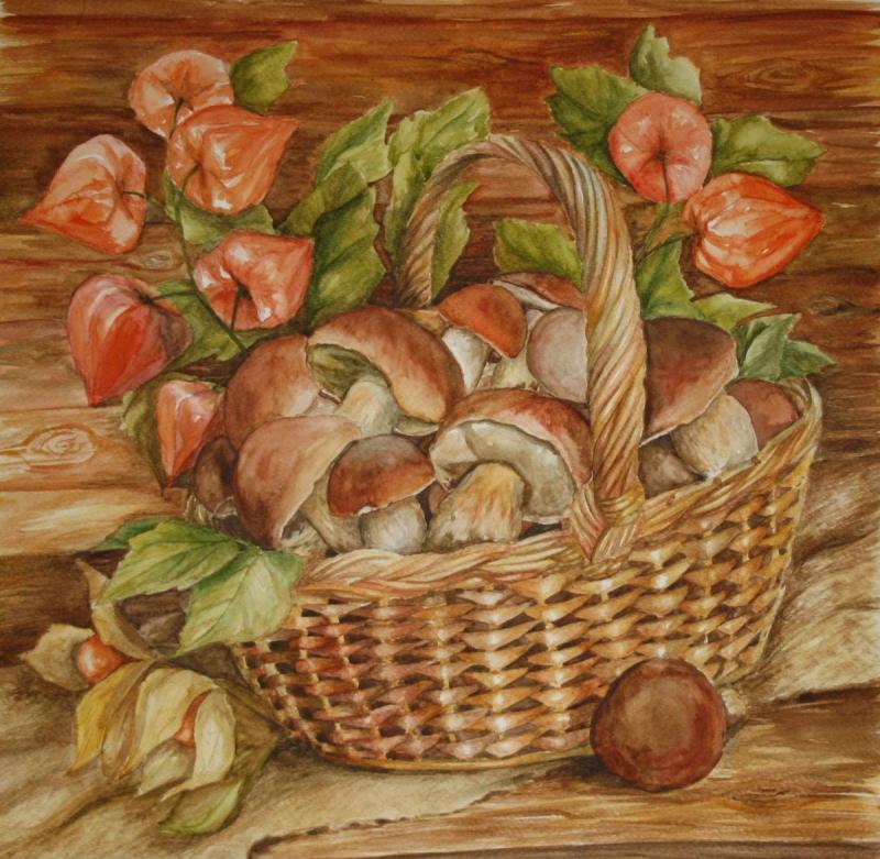 Корзина с грибами живопись