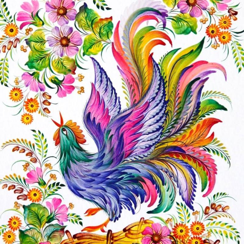 Петух гуашью