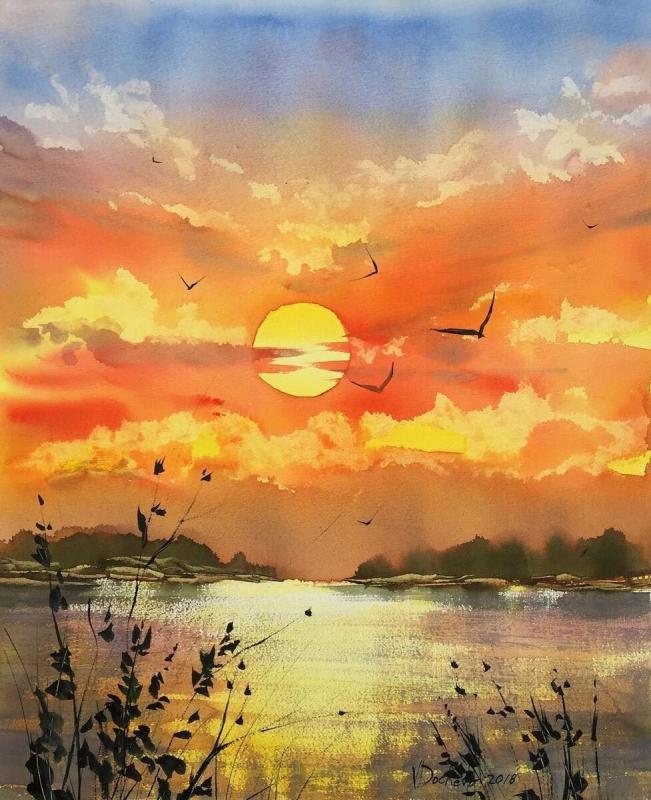 Рассвет на море акварель