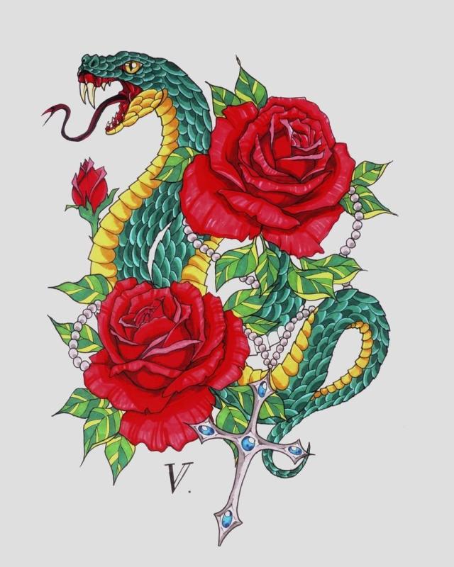 Тату змея с розой