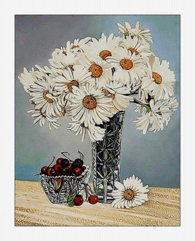 Вышивка ромашки в вазе