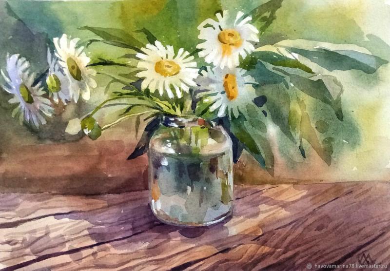 Ромашки в вазе гуашью