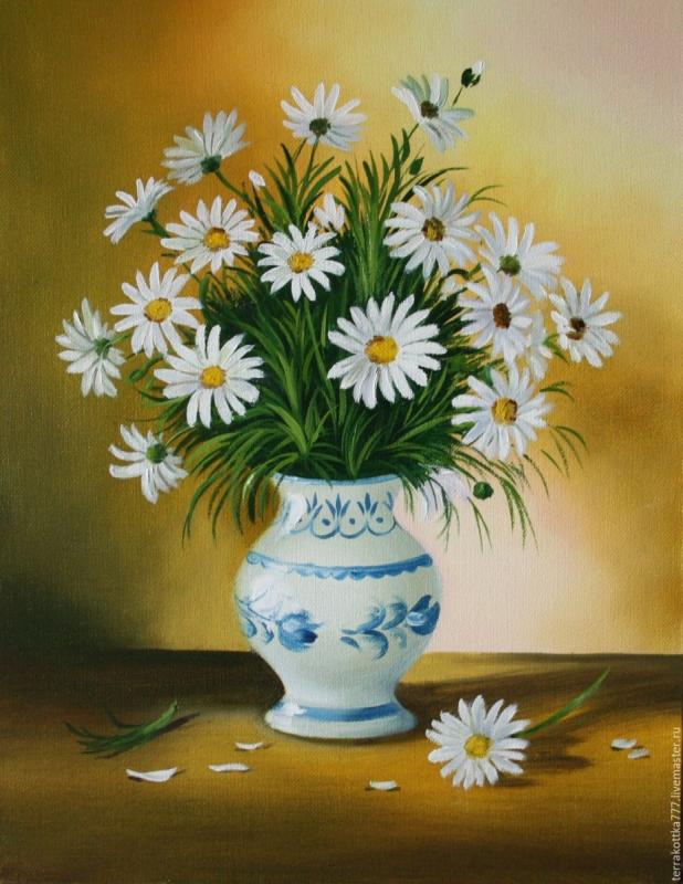 Акварель ваза с ромашками