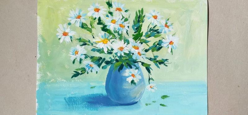 Живопись ромашки акварелью