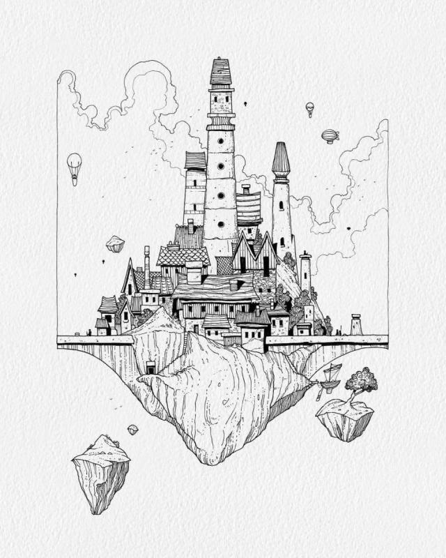 Фантастический город рисунки карандашом