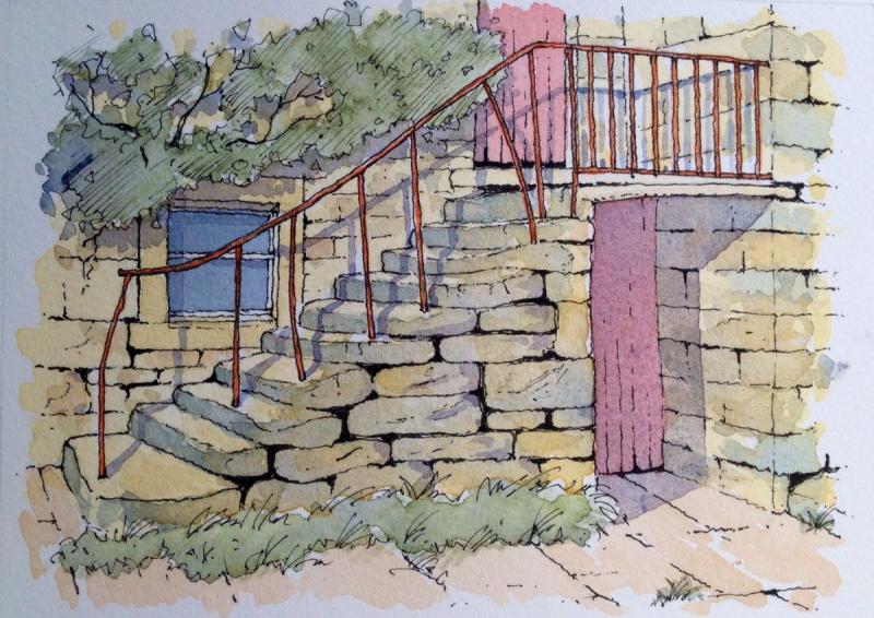 Вымощенная камнем Мостовая акварель скетч