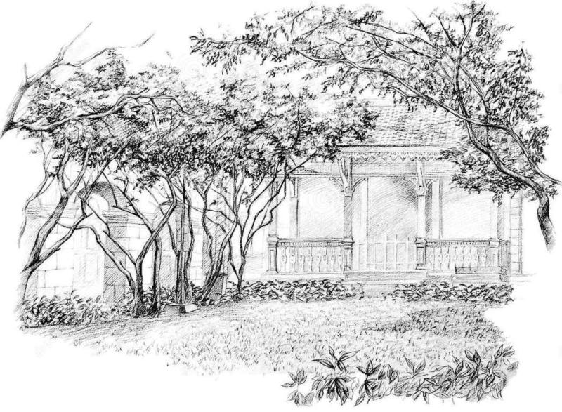 Пейзаж летнего сада в эскизах