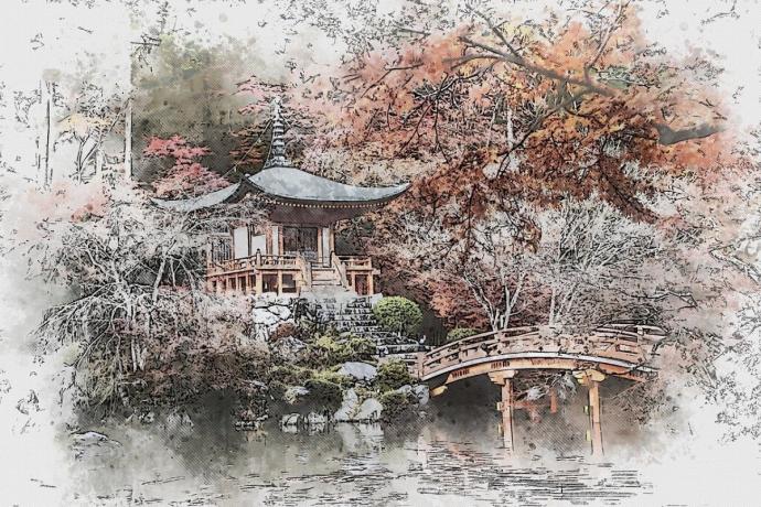 Японский пейзаж красками