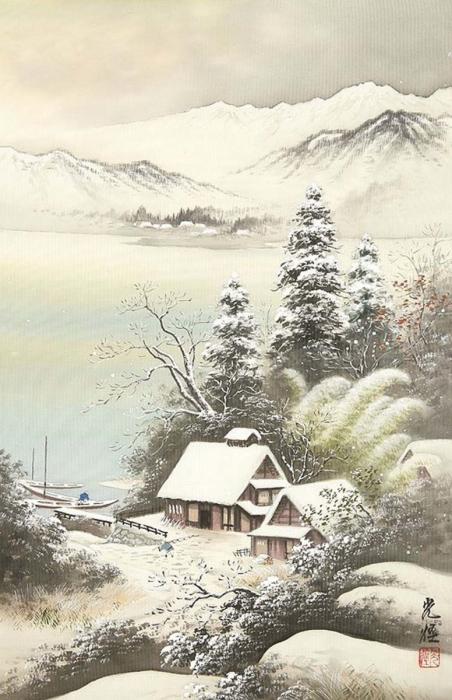 Японская живопись Суми-э Сакура традиционная гора