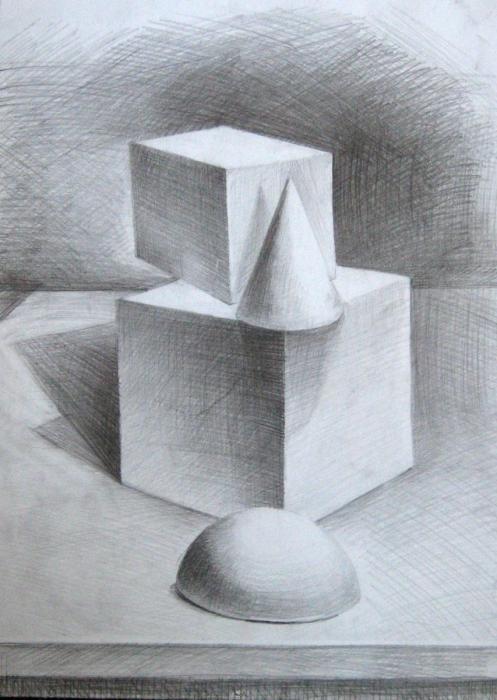 Конус куб и шар карандашом