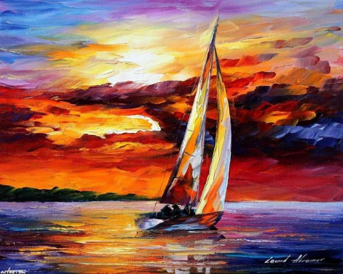 Закат на море гуашью