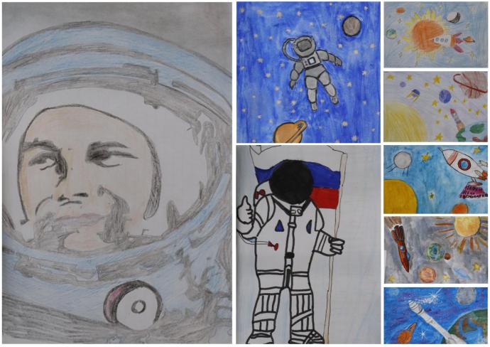 Выставка рисунков ко Дню космонавтики в школе