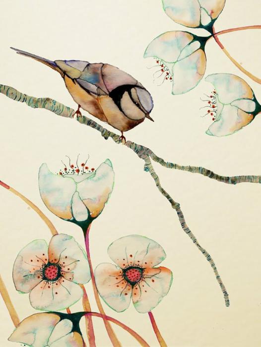 Стилизованные цветы с птицей