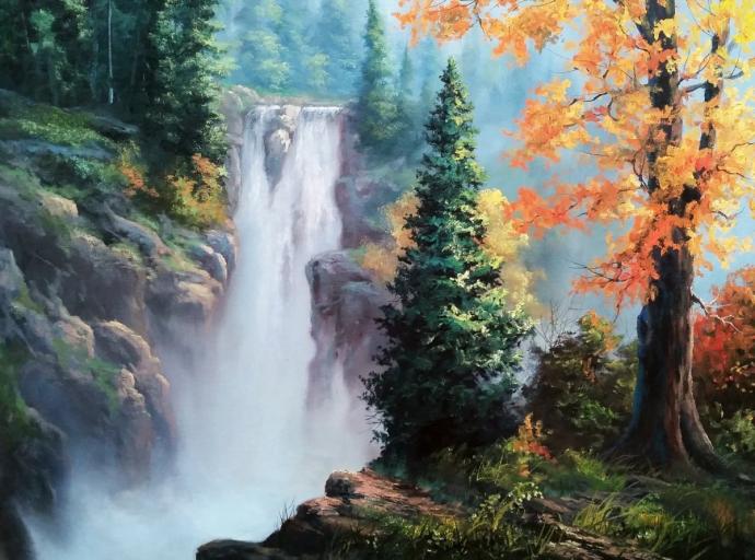 Горный водопад живопись