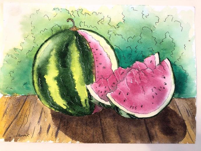 Арбуз рисунок акварелью