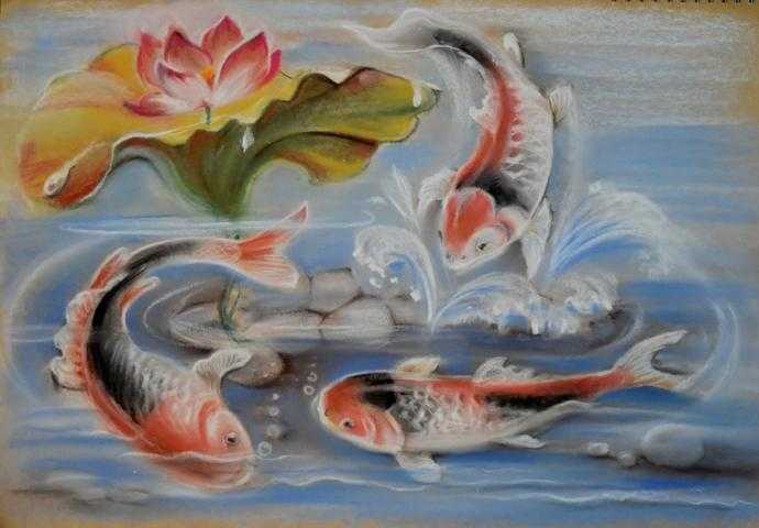 Рыбки в пруду живопись